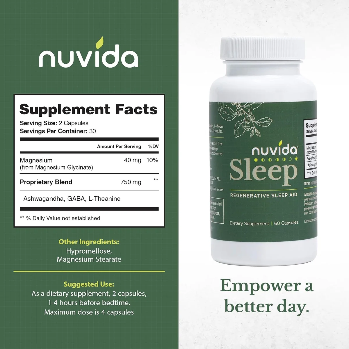 Supplement Facts. Serving size 2 capsules, 30 servings per container. Magnesium (from magnesium glycinate) 40 mg, 10% daily value. Proprietary blend 750 mg: Ashwagandha, GABA, L-Theanine. Other ingredients: hypromellose, magnesium stearate. Suggested use: 2 capsules, 1 to 4 hours before bedtime. Maximum dose is 4 capsules.